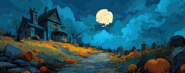 Spooky Halloween night with a haunted house and glowing pumpkins