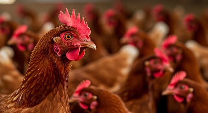 Close-up of Brown Chickens in a Coop poultry farm animal livestock bird hen agriculture domestic rural farming feather eye comb head