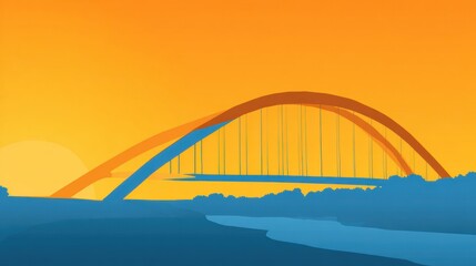 Obraz premium Sunset View of a Modern Bridge Spanning a River With Vibrant Colors in the Sky Reflecting Its Architecture