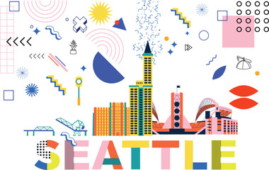 Seattle culture travel set, American famous architectures, USA in flat design. Business travel, tourism concept clipart. Memphis image for presentation, banner, website, advert, flyer, roadmap, icons