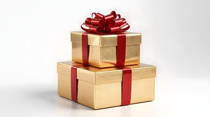 Stacked golden Christmas gift boxes adorned with vibrant red ribbons & bows on a clean white background. Perfect for holiday greetings, festive promotions, and luxurious celebrations.