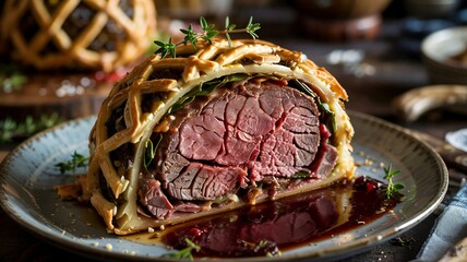 Cinematic cross section of a perfectly cooked beef wellington with a lattice pastry crust