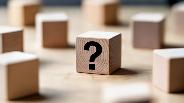 Wooden block featuring a question mark surrounded by other blocks on a wooden surface symbolizing uncertainty problemsolving and decisionmaking in business and education contexts