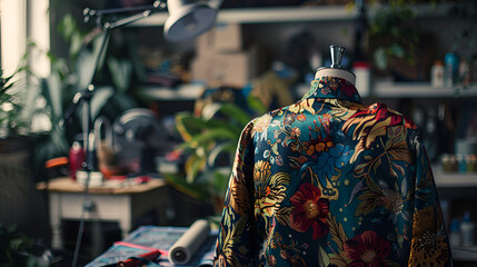 Floral patterned shirt on a mannequin in a cluttered room with plants and sewing equipment visible