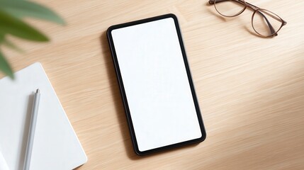 Mock up of a tablet with blank screen on a wooden desk, surrounded by stationery items and glasses, ideal for digital design presentations and creative projects