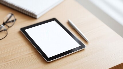 Tablet mock up with blank screen placed on wooden desk alongside glasses and pen, creating a modern workspace atmosphere for digital content creation