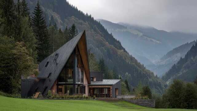 Modern a-frame cabin amidst misty mountain landscape with lush greenery