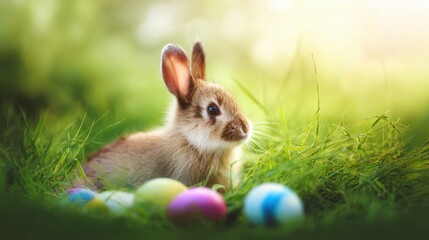 Adorable brown rabbit sitting on lush green grass surrounded by colorful Easter eggs, capturing the essence of springtime joy and festive celebration in a vibrant natural setting