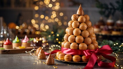 Naklejka premium Elegant French croquembouche dessert shaped like a Christmas tree celebration
