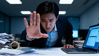 Overworked Asian businessman feeling stressed and overwhelmed at his desk. Exhausted employee showing a stop hand gesture due to burnout and deadline pressure while working late in the office