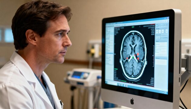 Male doctor analyzing a brain MRI scan on a computer monitor. Neurologist studying patient results for diagnosis in a modern clinic.