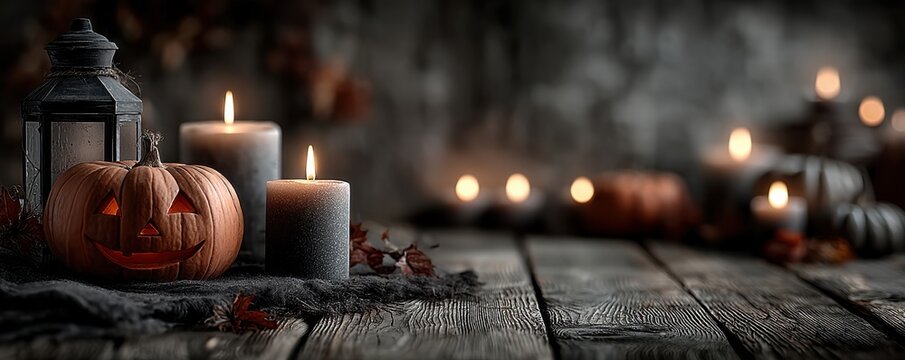 Halloween pumpkins and glowing candles on a rustic wooden table