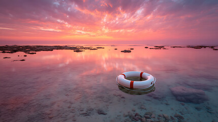 Lifebuoy floating in the sea, pink and orange sunset sky