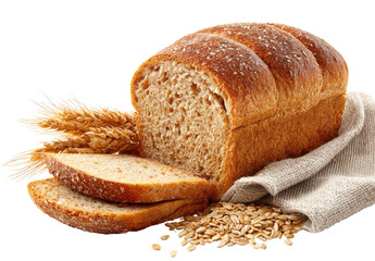 Freshly baked loaf of whole wheat bread, sliced, with wheat stalks and oats