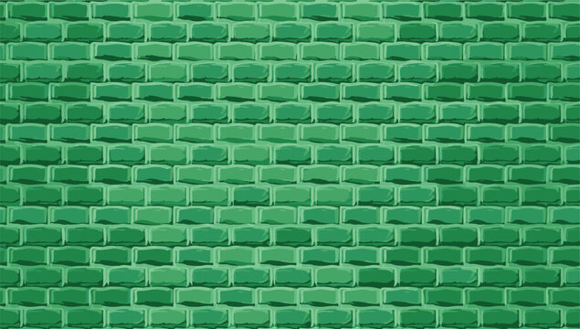 A seamless green brick wall pattern with glossy, stylized rectangular tiles arranged in a uniform grid. The vibrant shades of green create a modern, decorative background suitable for design.