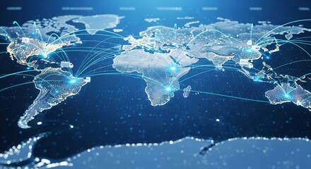 Digital Global Supply Chain Network Mapping. world map. Glowing data lines connect key industrial cities. Represents global supply chain, logistics network, operations, international trad