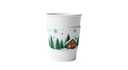 Paper cup with winter scene isolated on transparent background for hot beverage