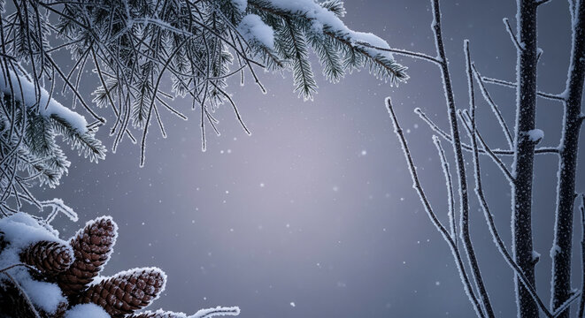 Snowy pine branches and cones frame a cool grey space, evoking a serene winter scene, suitable for holiday or nature-themed concepts and a free space