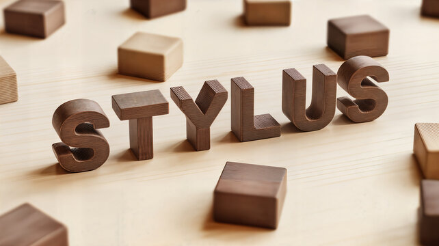 Stylus text formed by 3d wooden letters on a wooden surface with scattered wooden blocks creating a textured and minimalist design for graphic design and creative projects showcasing typography