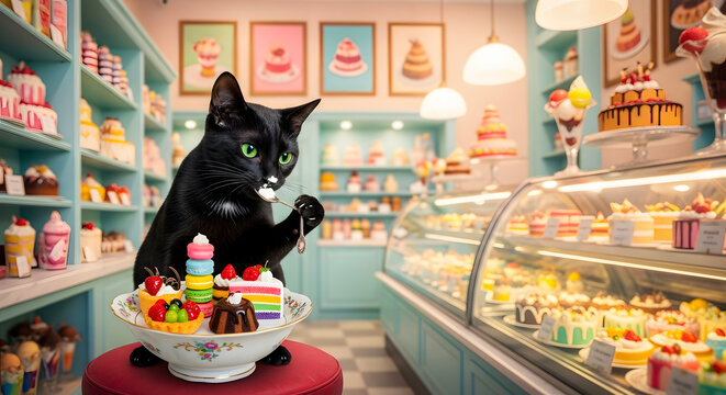 A whimsical black cat delightfully inspects a miniature dessert platter within a charming, brightly lit bakery filled with colorful cakes and pastries