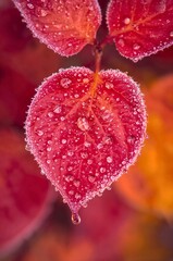 A macro photo of red and yellow autumn leaves covered in glistening morning dew and light frost. An extreme close-up showcasing fall texture and natural detail.

