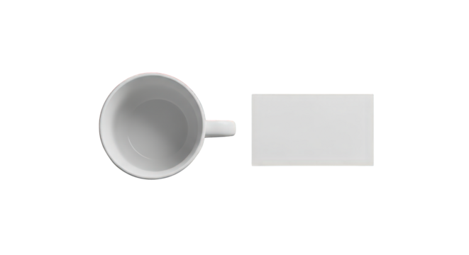 Top view of a white mug and a blank card isolated on a transparent background
