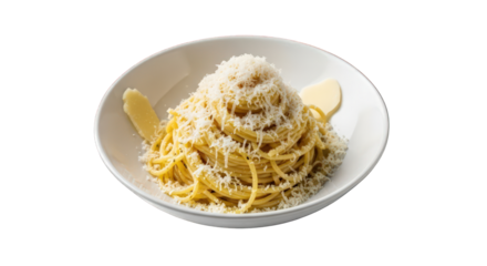 Spaghetti carbonara with cheese in a bowl isolated on a transparent background