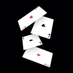 Vector illustration of playing cards floating in the air. Spade, heart, club, and diamond aces in dynamic arrangement. Perfect for poker, casino, gambling, entertainment, and graphic projects.