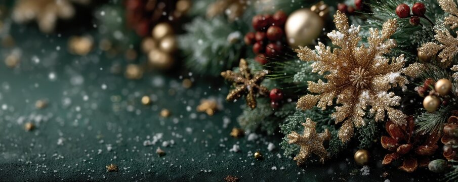 Festive Christmas decoration with golden snowflakes and spruce on a green background - Powered by Adobe