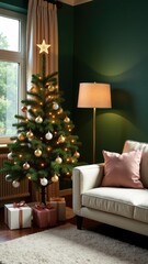 Fototapeta premium Cozy living room decorated with a Christmas tree and presents