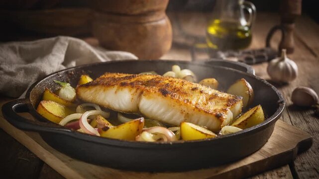 Portuguese roasted bacalhau, served straight from a wood-fired oven