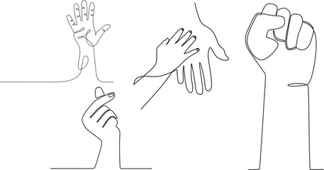 Continuous Line Hand Gestures Minimalist Single Stroke Illustrations of Raised Fist, Finger Heart and Connection Symbols for Modern Design