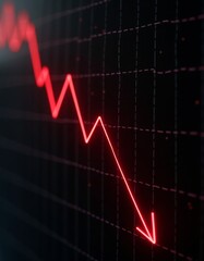 D red jagged line graph descending on black grid background with downward arrow Symbolizes stock market crash financial loss or economic decline in a clean serious design finance recession crisis m