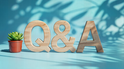 Wooden q&a letters displayed on a blue surface with plant shadows creating a bright and inviting atmosphere for questions and answers related content perfect for faq pages and educational materials