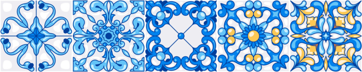 Mediterranean ceramic tiles seamless pattern. Azulejo arabesque. Portuguese, Spanish, Turkish, Indian, Islamic, Arabic decor. Geometrical and floral traditional national ornament. Vector illustration.