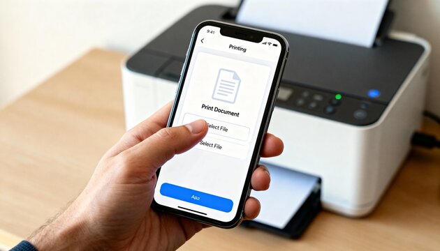 Wireless printing from a smartphone. A person uses a mobile app to send a document to a printer via a wi-fi connection. Modern office technology concept