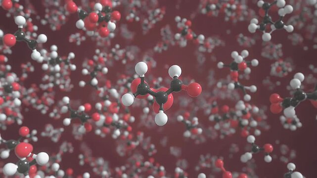 A 3D rendering depicting succinic acid molecules, showcasing their atomic structure with distinct carbon, oxygen, and hydrogen atoms.