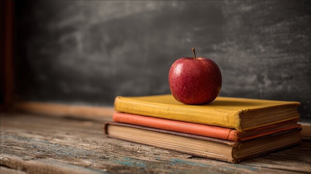 Red apple on top of stack of books against a dark background