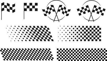 Motorsport Finish Line Collection Checkered Flag Graphics with Halftone Borders and Victory Emblems for Racing Events and Speed Themed Branding