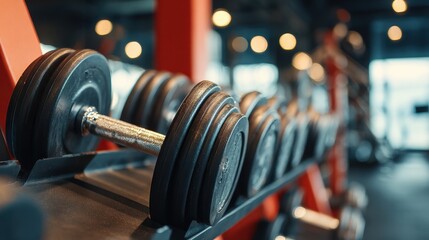 Rack of dumbbells in a gym, ready for a workout session and weightlifting