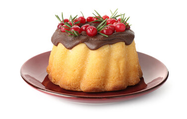 Delicious Christmas cake with chocolate glaze, cranberries and rosemary isolated on white