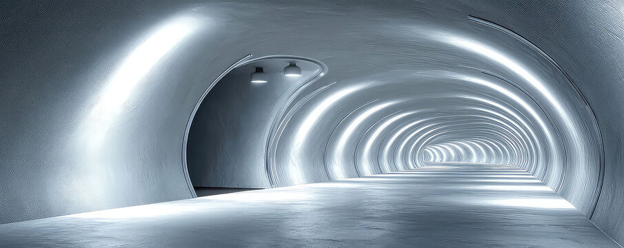A clean, silver tunnel corridor illuminated by glowing lights, rendered in 3D for a sleek and modern background.
