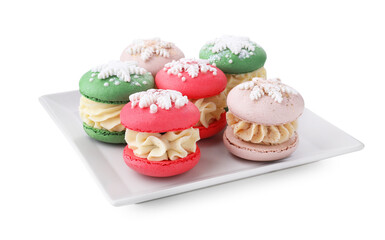 Festively decorated macarons isolated on white. Christmas treat