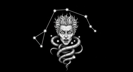 Striking constellation image featuring mystic figure with snake. Constellation art showcases astral form, symbolic of zodiac sign, and astrological beliefs.