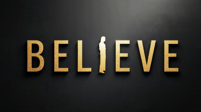 The word believe in gold with a human silhouette replacing the letter I. Motivation, faith, and self-belief concept on a black background