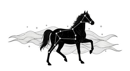 Horse constellation depiction featuring celestial map of stars, connecting dots forming figure. Majestic animal with points of starlight, cosmic arrangement and galaxy dust,