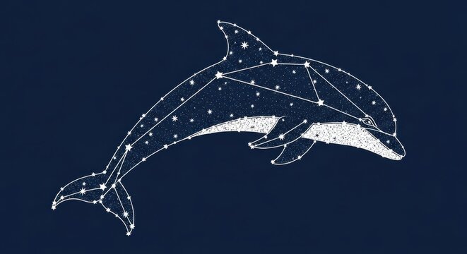 Depiction of constellation Delphinus with connected stars against dark backdrop. Constellation connects points of light, forming silhouette of dolphin in night sky, connecting points.