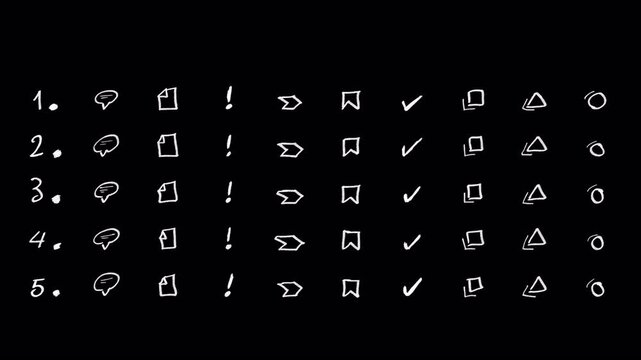 Animated hand drawn list item icons and sketchy bullet symbols with wobble on black background
