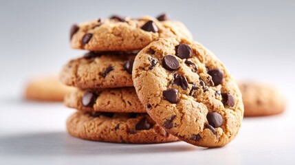 Stack of freshly baked chocolate chip cookies on a white surface