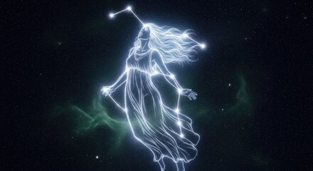 Constellation of Virgo against backdrop of a night sky. Constellation forms ethereal figure of woman in flowing gown. Virgo constellation represents celestial wonder, ideal for astrology content.